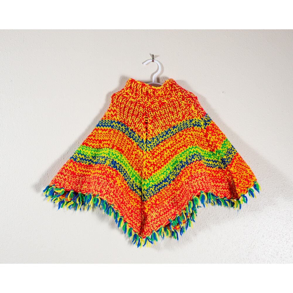 Vintage 70s 80s Colorful Knit Wool Blend Kids Poncho, Children's Retro Capelet